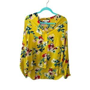 Rose & Olive Womens Floral Top Blouse Long Sleeve V-Neck Yellow Size XL NWOT